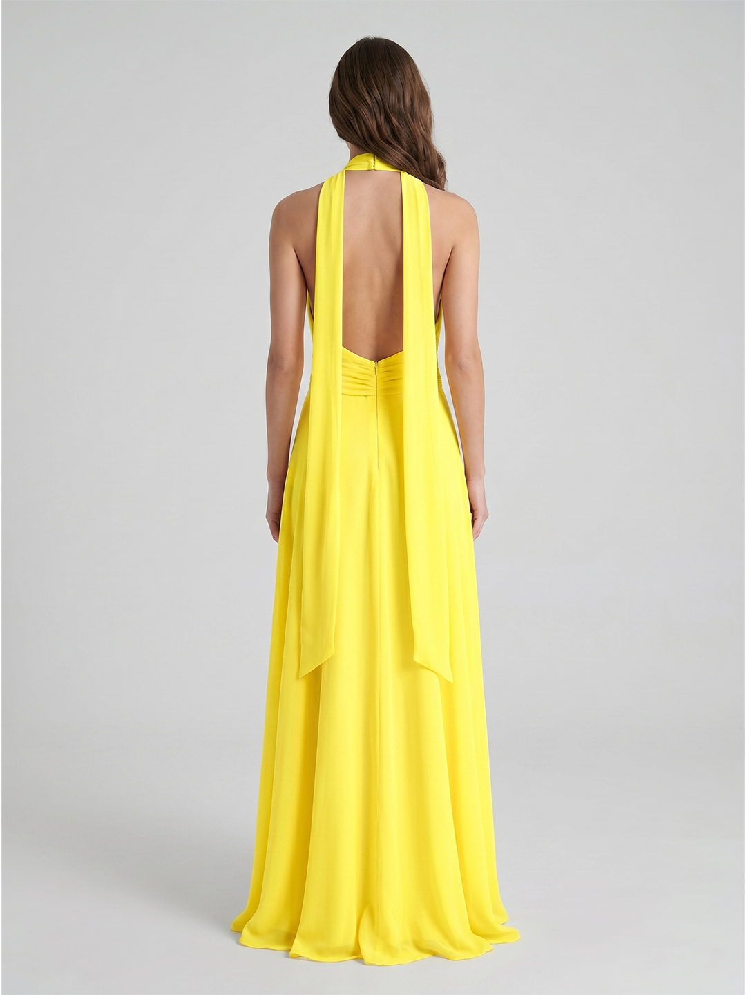 Lemon Chiffon A-Line Halter Backless Ankle Bridesmaid Dress with 3D Flower - Curvevia