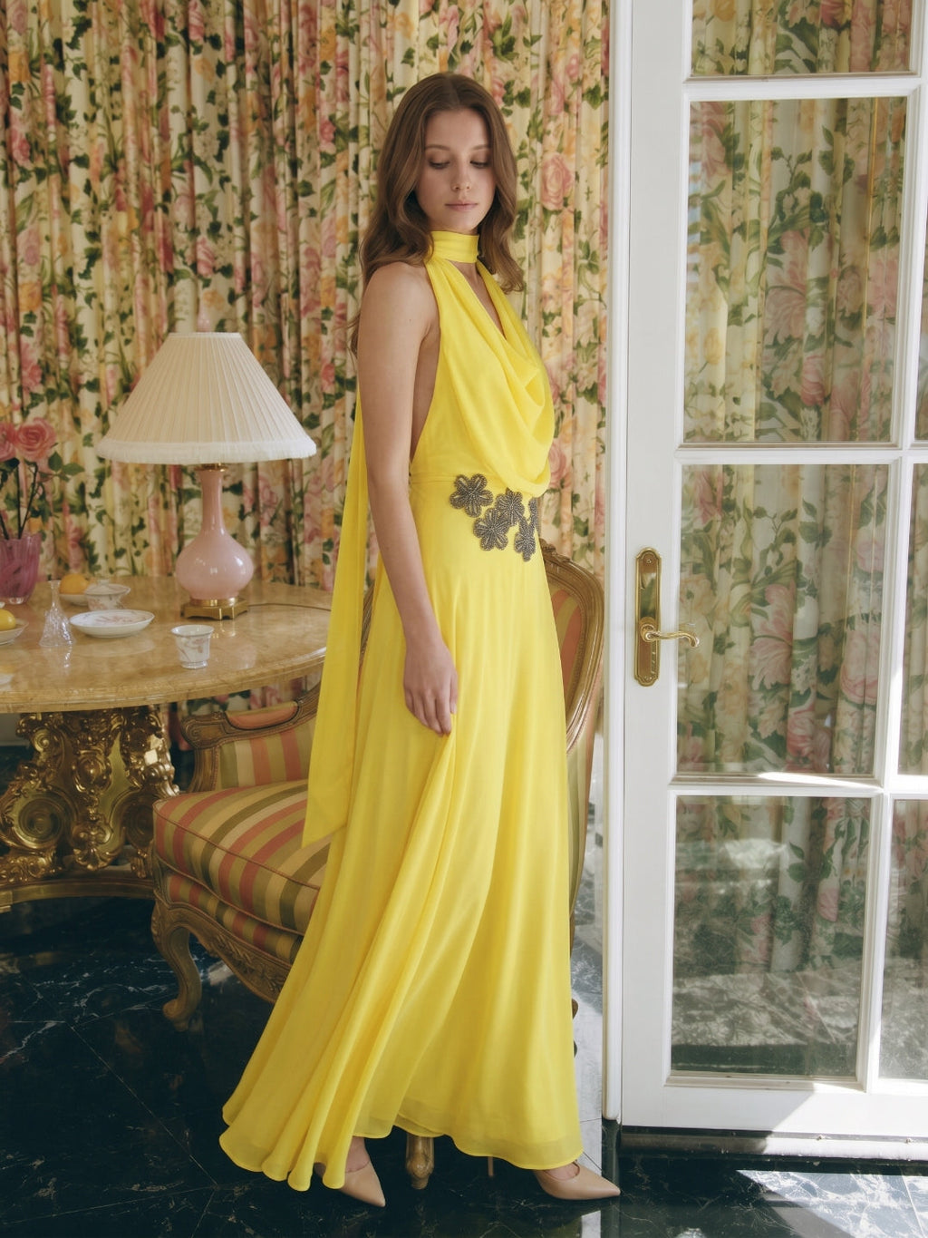 Lemon Chiffon A-Line Halter Backless Ankle Bridesmaid Dress with 3D Flower - Curvevia