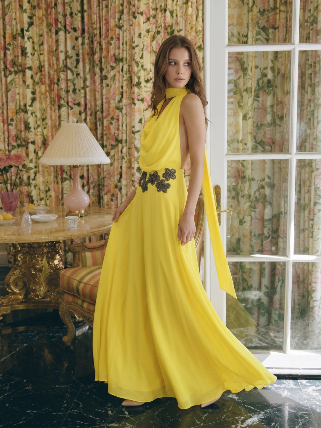 Lemon Chiffon A-Line Halter Backless Ankle Bridesmaid Dress with 3D Flower - Curvevia