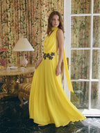 Lemon Chiffon A-Line Halter Backless Ankle Bridesmaid Dress with 3D Flower - Curvevia