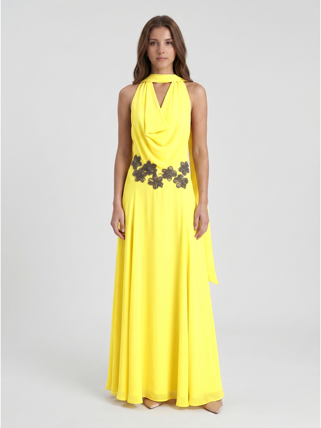 Lemon Chiffon A-Line Halter Backless Ankle Bridesmaid Dress with 3D Flower - Curvevia