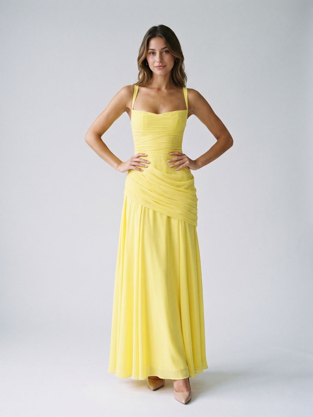 Lemon Chiffon A-Line Square Neck Criss-Cross Straps Floor-Length Formal Dress with Pleating - Curvevia