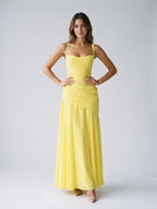 Lemon Chiffon A-Line Square Neck Criss-Cross Straps Floor-Length Formal Dress with Pleating - Curvevia