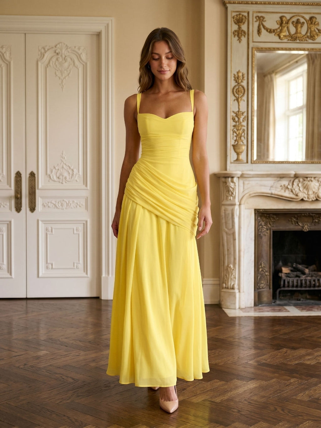 Lemon Chiffon A-Line Square Neck Criss-Cross Straps Floor-Length Formal Dress with Pleating - Curvevia
