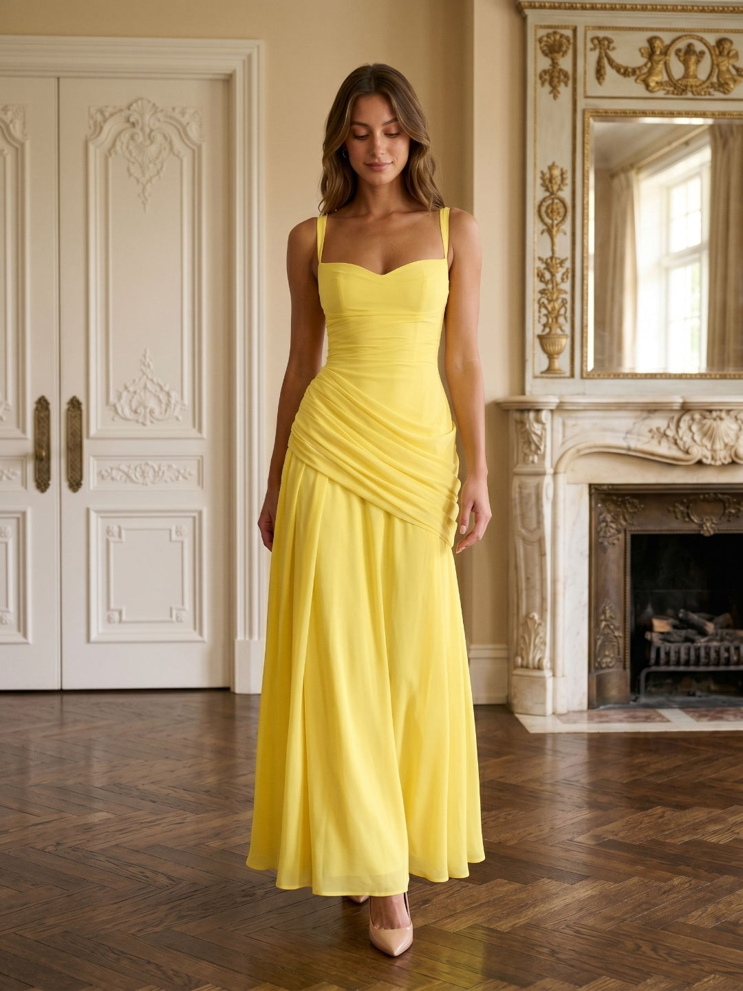 Lemon Chiffon A-Line Square Neck Criss-Cross Straps Floor-Length Formal Dress with Pleating - Curvevia