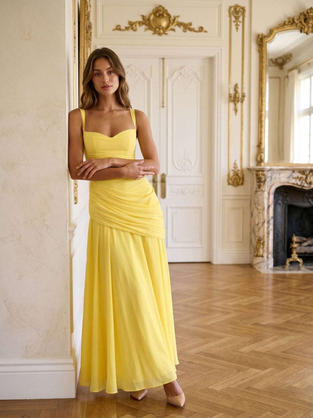 Lemon Chiffon A-Line Square Neck Criss-Cross Straps Floor-Length Formal Dress with Pleating - Curvevia
