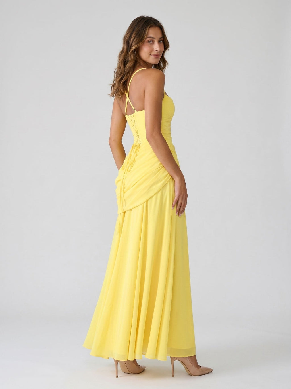 Lemon Chiffon A-Line Square Neck Criss-Cross Straps Floor-Length Formal Dress with Pleating - Curvevia