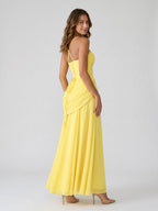 Lemon Chiffon A-Line Square Neck Criss-Cross Straps Floor-Length Formal Dress with Pleating - Curvevia