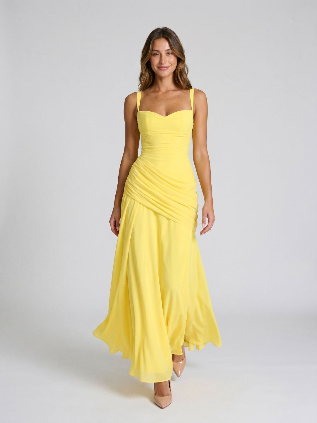 Lemon Chiffon A-Line Square Neck Criss-Cross Straps Floor-Length Formal Dress with Pleating - Curvevia