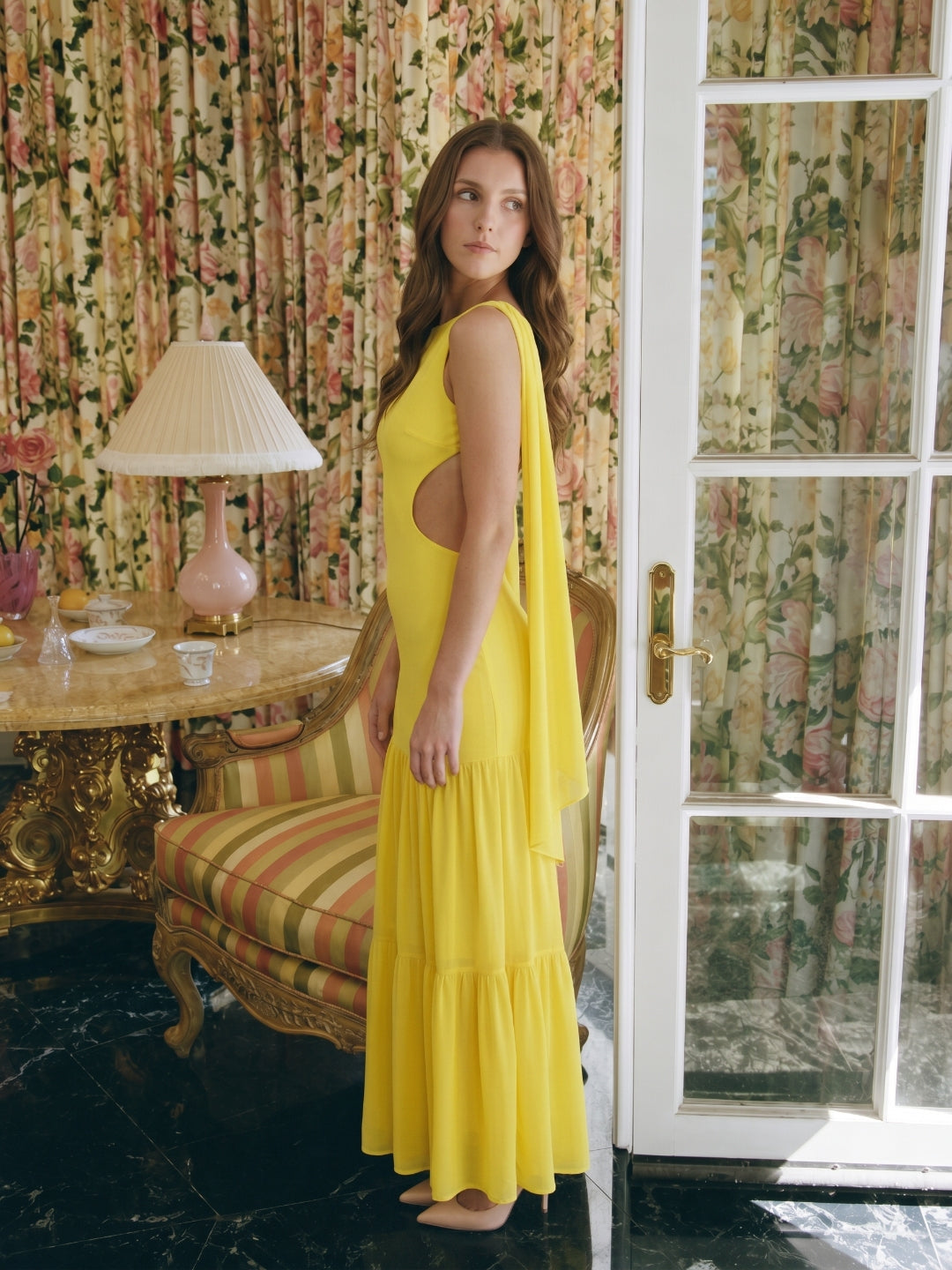 Lemon Chiffon A-Line Straight Neck Backless Floor-Length Bridesmaid Dress with Cascading Ruffles - Curvevia