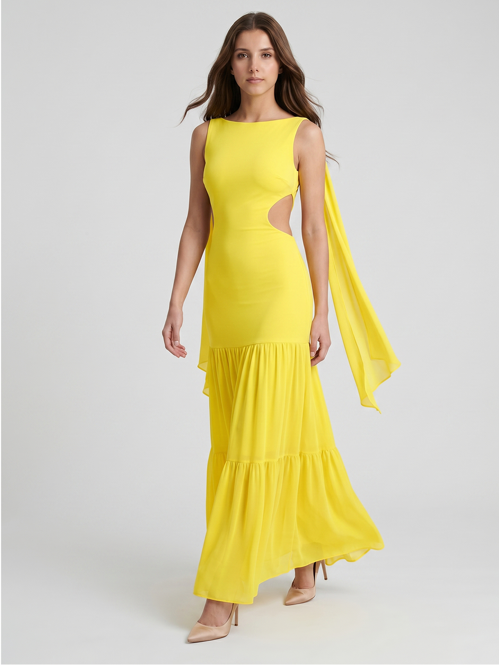 Lemon Chiffon A-Line Straight Neck Backless Floor-Length Bridesmaid Dress with Cascading Ruffles - Curvevia