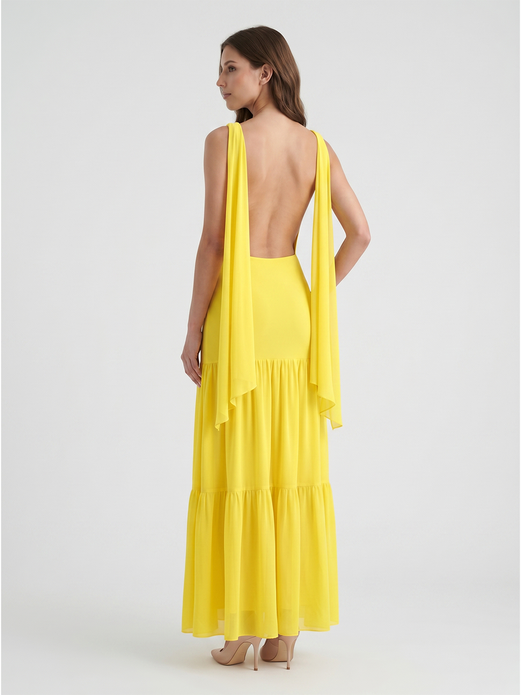 Lemon Chiffon A-Line Straight Neck Backless Floor-Length Bridesmaid Dress with Cascading Ruffles - Curvevia
