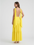 Lemon Chiffon A-Line Straight Neck Backless Floor-Length Bridesmaid Dress with Cascading Ruffles - Curvevia