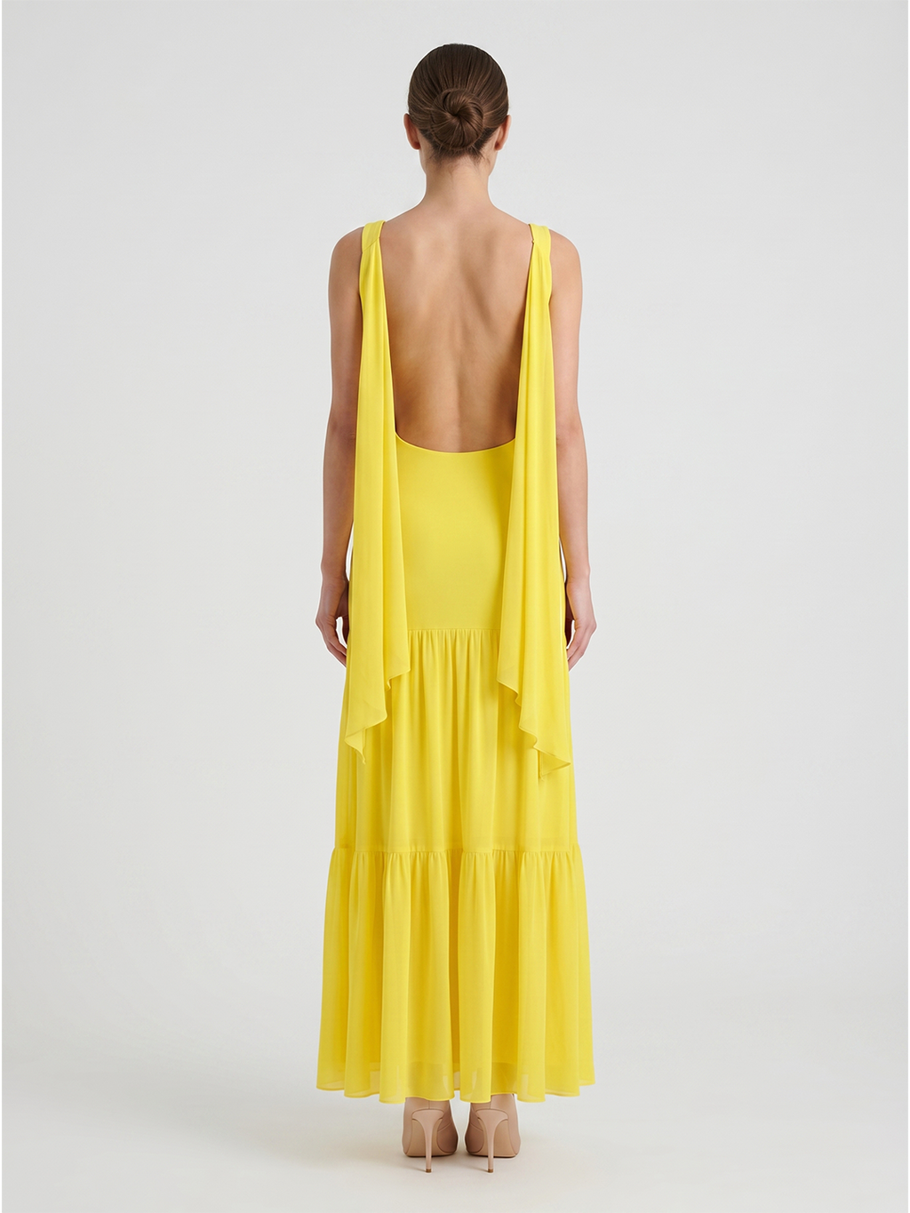 Lemon Chiffon A-Line Straight Neck Backless Floor-Length Bridesmaid Dress with Cascading Ruffles - Curvevia
