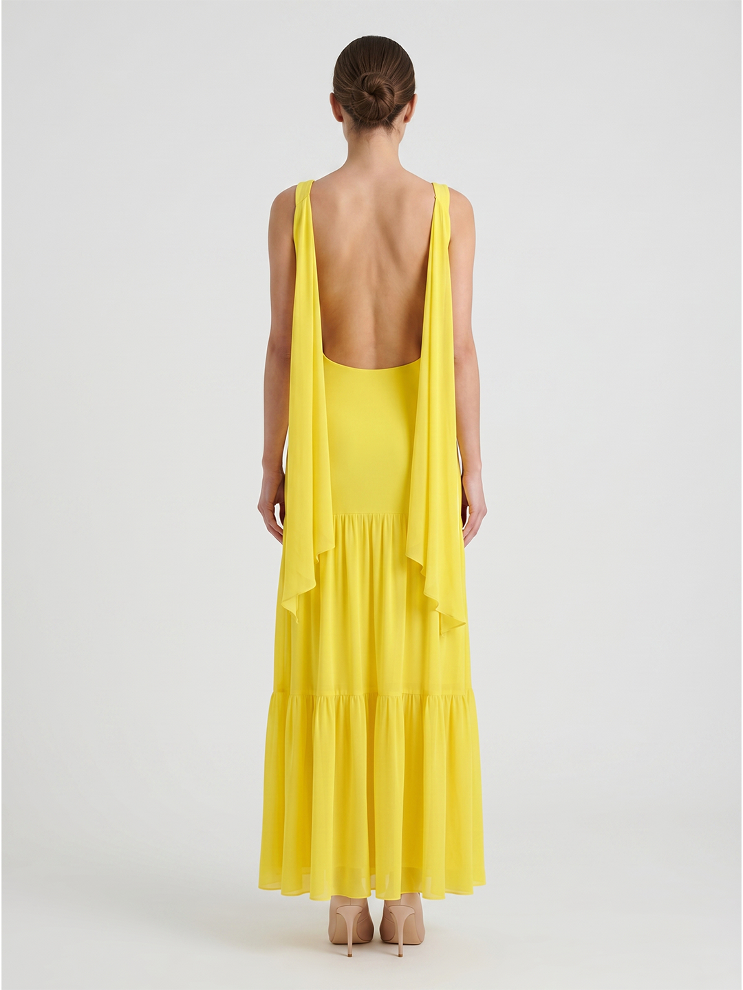 Lemon Chiffon A-Line Straight Neck Backless Floor-Length Bridesmaid Dress with Cascading Ruffles - Curvevia