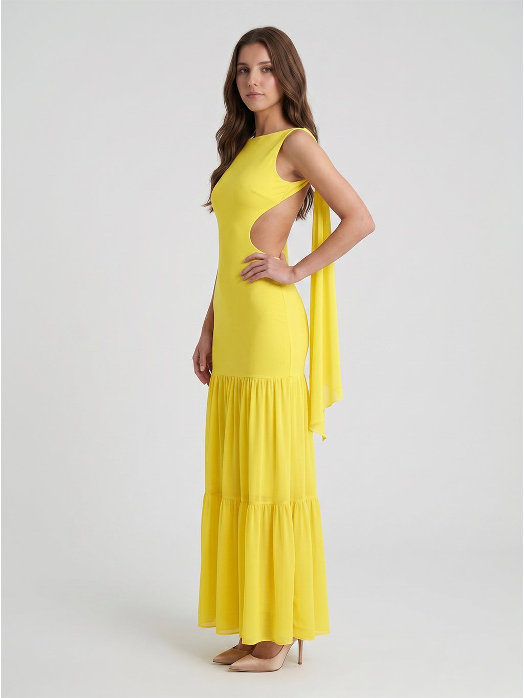 Lemon Chiffon A-Line Straight Neck Backless Floor-Length Bridesmaid Dress with Cascading Ruffles - Curvevia