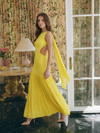 Lemon Chiffon A-Line Straight Neck Backless Floor-Length Bridesmaid Dress with Cascading Ruffles - Curvevia