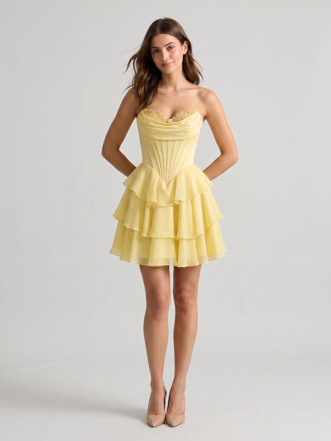 Lemon Chiffon A-Line Sweetheart Back Zip Mini Homecoming Dress with Pleats - Curvevia
