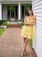 Lemon Chiffon A-Line Sweetheart Back Zip Mini Homecoming Dress with Pleats - Curvevia