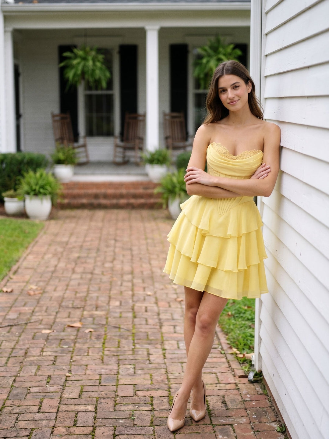 Lemon Chiffon A-Line Sweetheart Back Zip Mini Homecoming Dress with Pleats - Curvevia