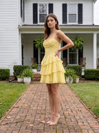 Lemon Chiffon A-Line Sweetheart Back Zip Mini Homecoming Dress with Pleats - Curvevia