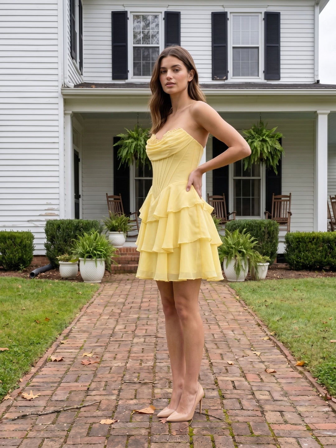 Lemon Chiffon A-Line Sweetheart Back Zip Mini Homecoming Dress with Pleats - Curvevia