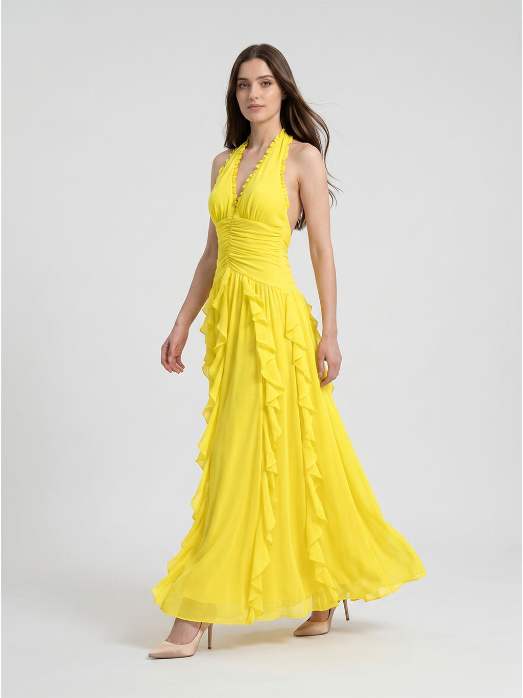 Lemon Chiffon A-Line V-Neck Backless Floor-Length Bridesmaid Dress with Ruffle - Curvevia