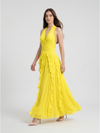 Lemon Chiffon A-Line V-Neck Backless Floor-Length Bridesmaid Dress with Ruffle - Curvevia