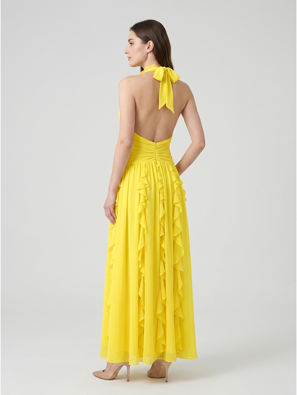 Lemon Chiffon A-Line V-Neck Backless Floor-Length Bridesmaid Dress with Ruffle - Curvevia