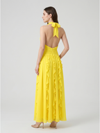 Lemon Chiffon A-Line V-Neck Backless Floor-Length Bridesmaid Dress with Ruffle - Curvevia