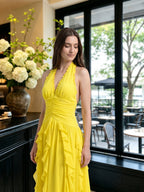Lemon Chiffon A-Line V-Neck Backless Floor-Length Bridesmaid Dress with Ruffle - Curvevia