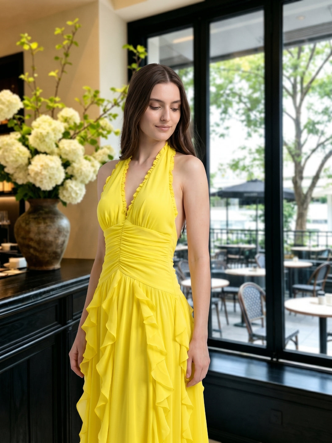 Lemon Chiffon A-Line V-Neck Backless Floor-Length Bridesmaid Dress with Ruffle - Curvevia