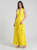 Lemon Chiffon A-Line V-Neck Backless Floor-Length Bridesmaid Dress with Ruffle - Curvevia