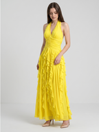 Lemon Chiffon A-Line V-Neck Backless Floor-Length Bridesmaid Dress with Ruffle - Curvevia