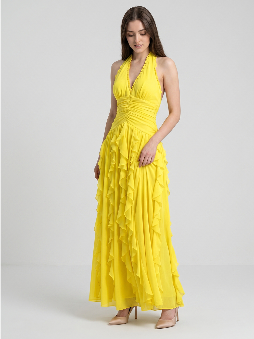 Lemon Chiffon A-Line V-Neck Backless Floor-Length Bridesmaid Dress with Ruffle - Curvevia