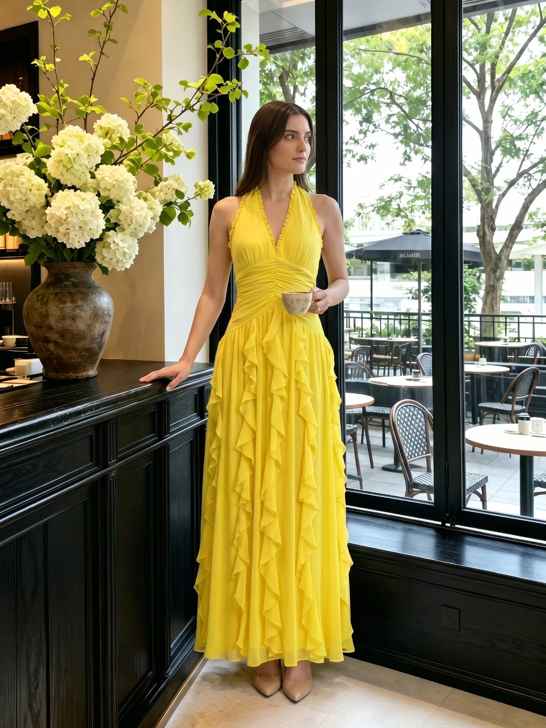 Lemon Chiffon A-Line V-Neck Backless Floor-Length Bridesmaid Dress with Ruffle - Curvevia