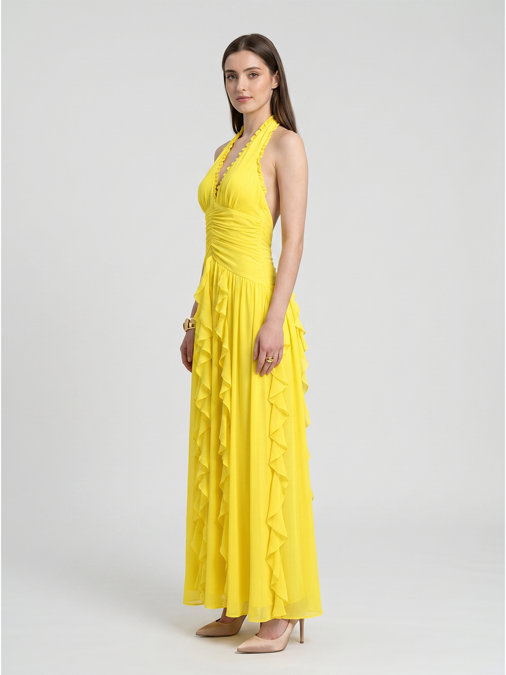 Lemon Chiffon A-Line V-Neck Backless Floor-Length Bridesmaid Dress with Ruffle - Curvevia