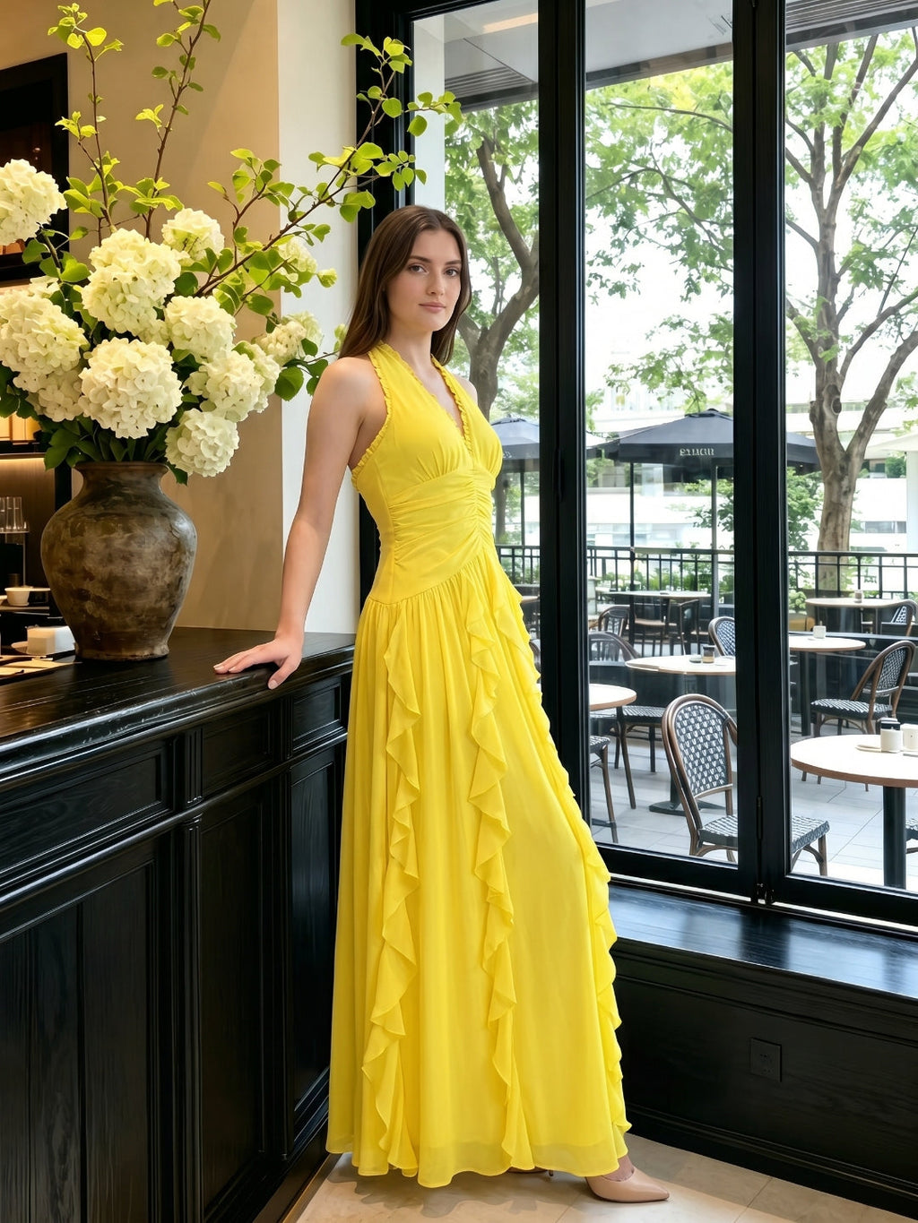 Lemon Chiffon A-Line V-Neck Backless Floor-Length Bridesmaid Dress with Ruffle - Curvevia