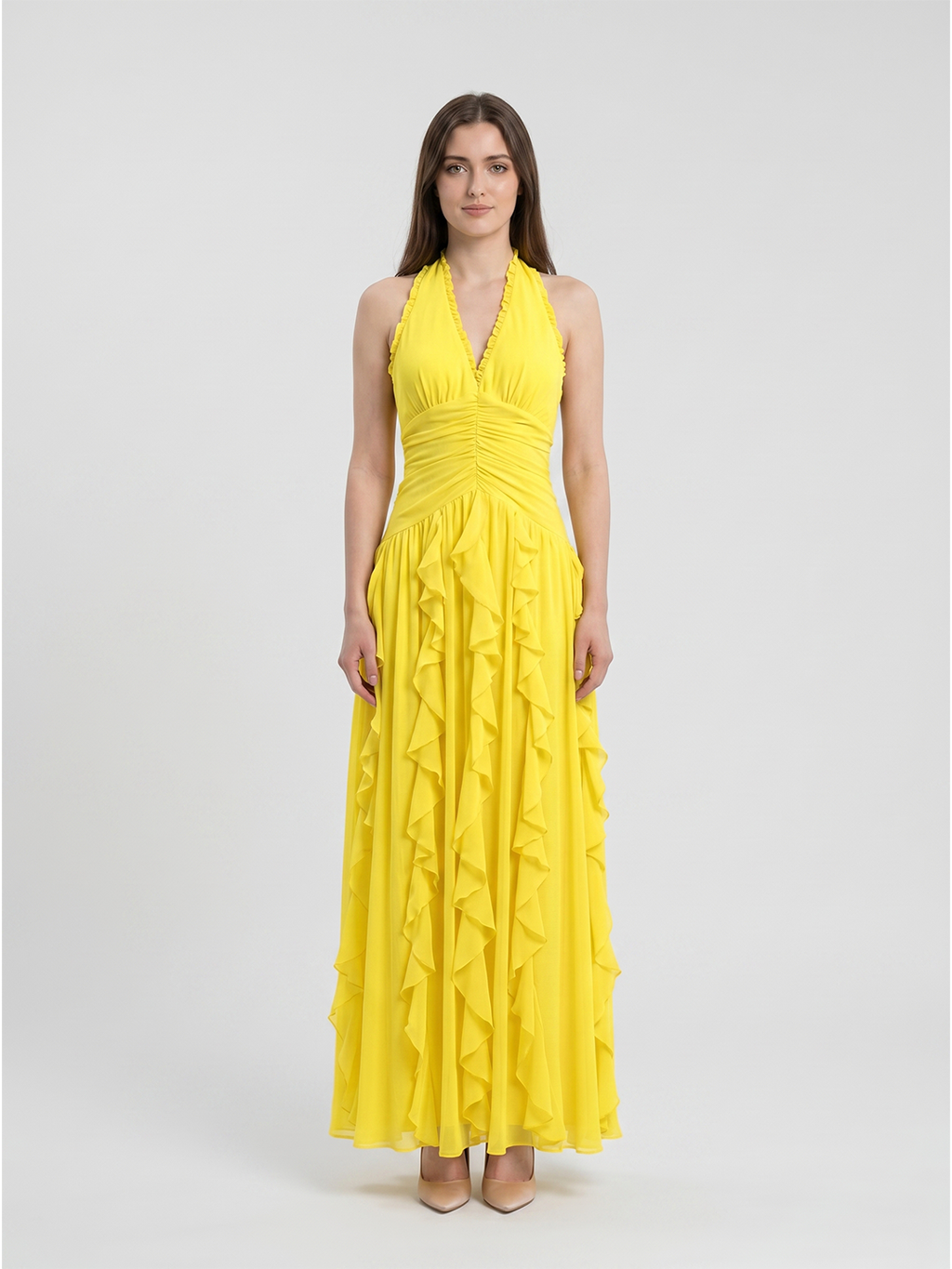 Lemon Chiffon A-Line V-Neck Backless Floor-Length Bridesmaid Dress with Ruffle - Curvevia