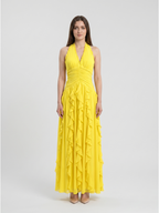 Lemon Chiffon A-Line V-Neck Backless Floor-Length Bridesmaid Dress with Ruffle - Curvevia