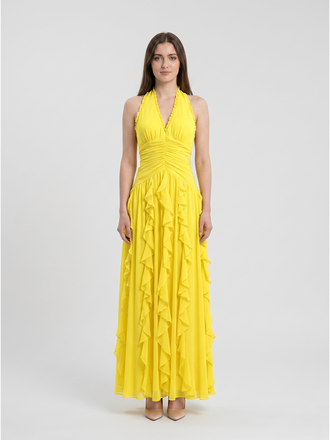 Lemon Chiffon A-Line V-Neck Backless Floor-Length Bridesmaid Dress with Ruffle - Curvevia