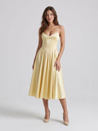 Lemon Chiffon A-Line V-Neck Corset Back Tea-Length Formal Dress with Pleating - Curvevia