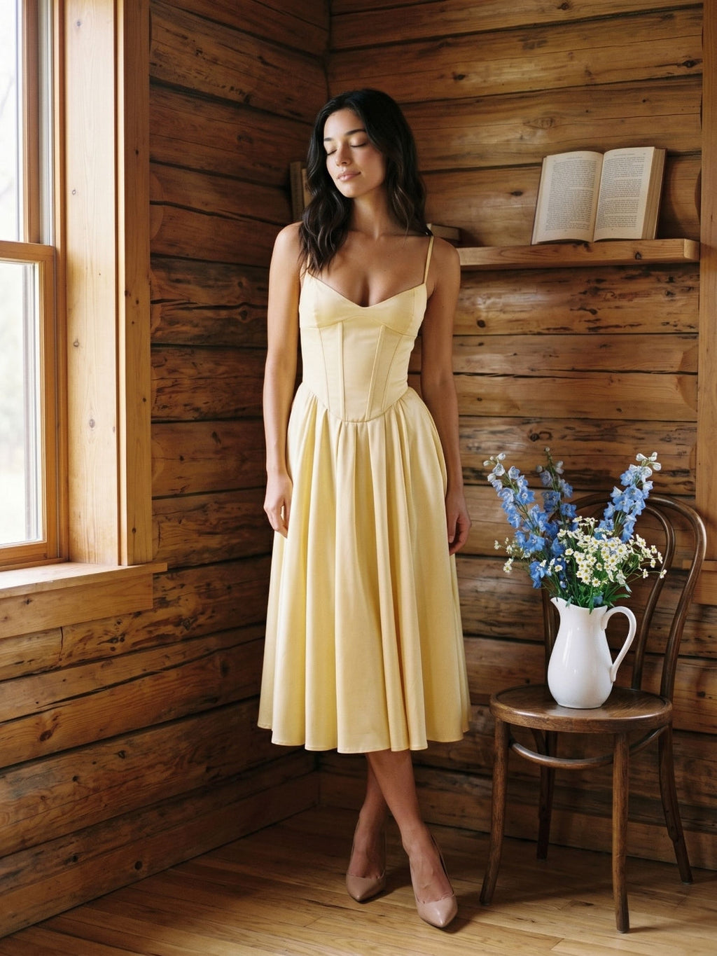 Lemon Chiffon A-Line V-Neck Corset Back Tea-Length Formal Dress with Pleating - Curvevia