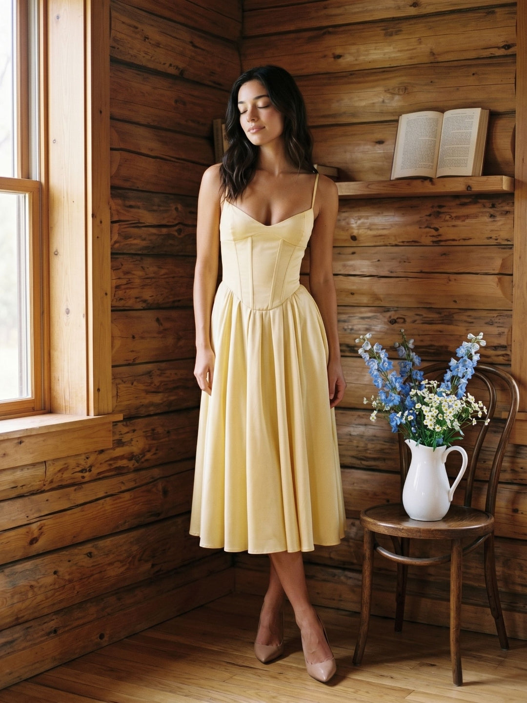 Lemon Chiffon A-Line V-Neck Corset Back Tea-Length Formal Dress with Pleating - Curvevia