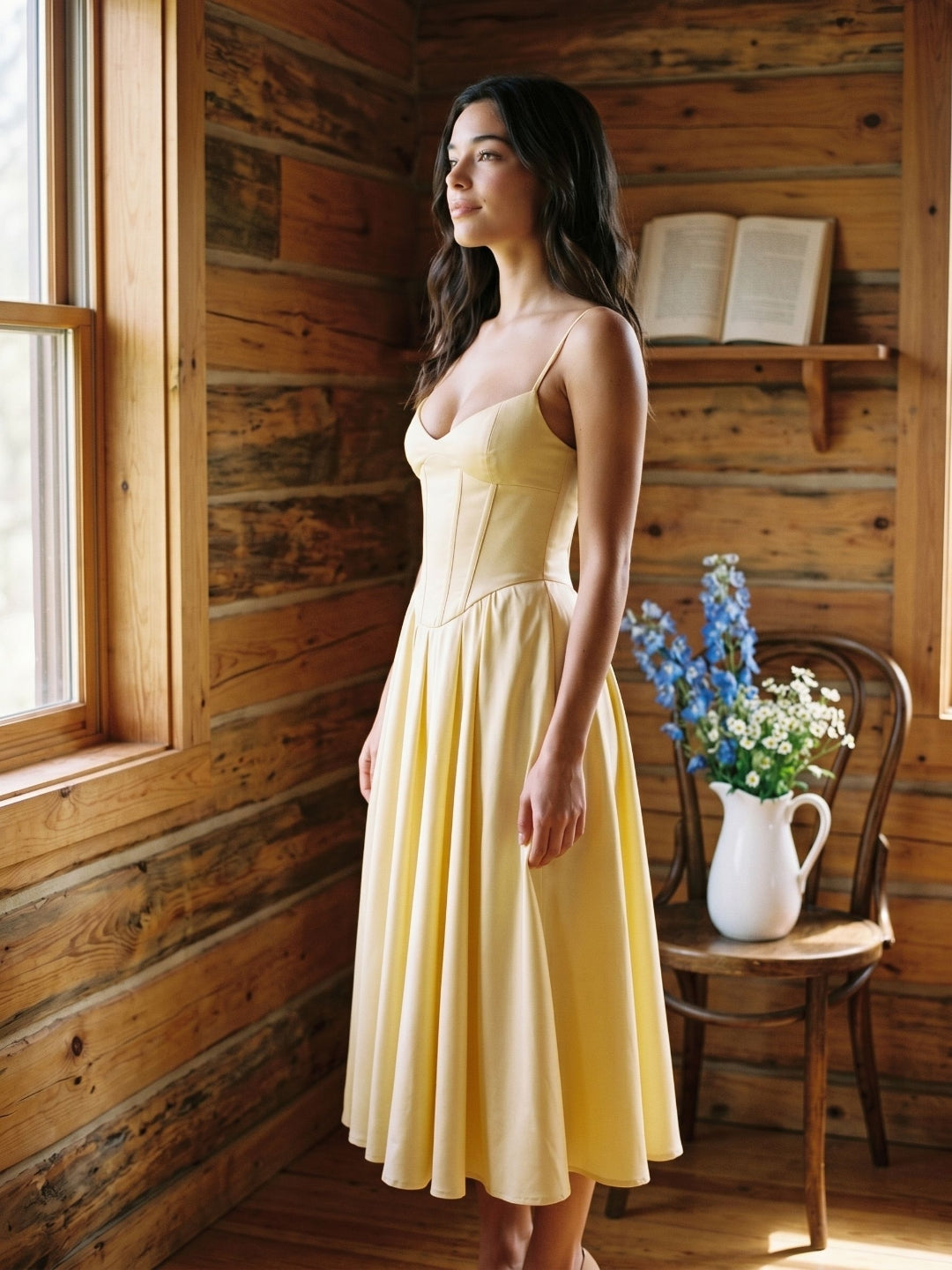 Lemon Chiffon A-Line V-Neck Corset Back Tea-Length Formal Dress with Pleating - Curvevia