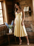Lemon Chiffon A-Line V-Neck Corset Back Tea-Length Formal Dress with Pleating - Curvevia