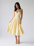 Lemon Chiffon A-Line V-Neck Corset Back Tea-Length Formal Dress with Pleating - Curvevia