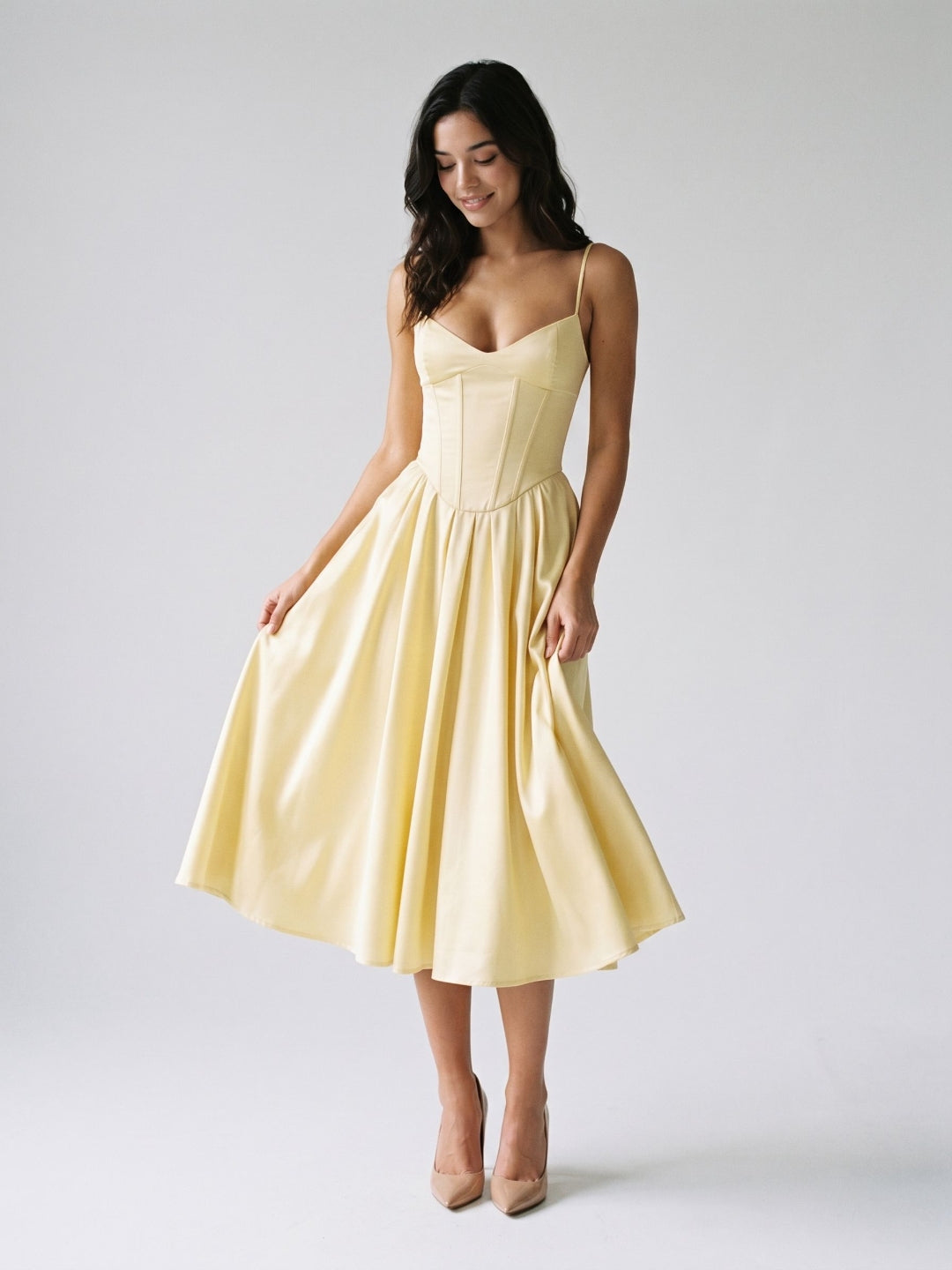 Lemon Chiffon A-Line V-Neck Corset Back Tea-Length Formal Dress with Pleating - Curvevia