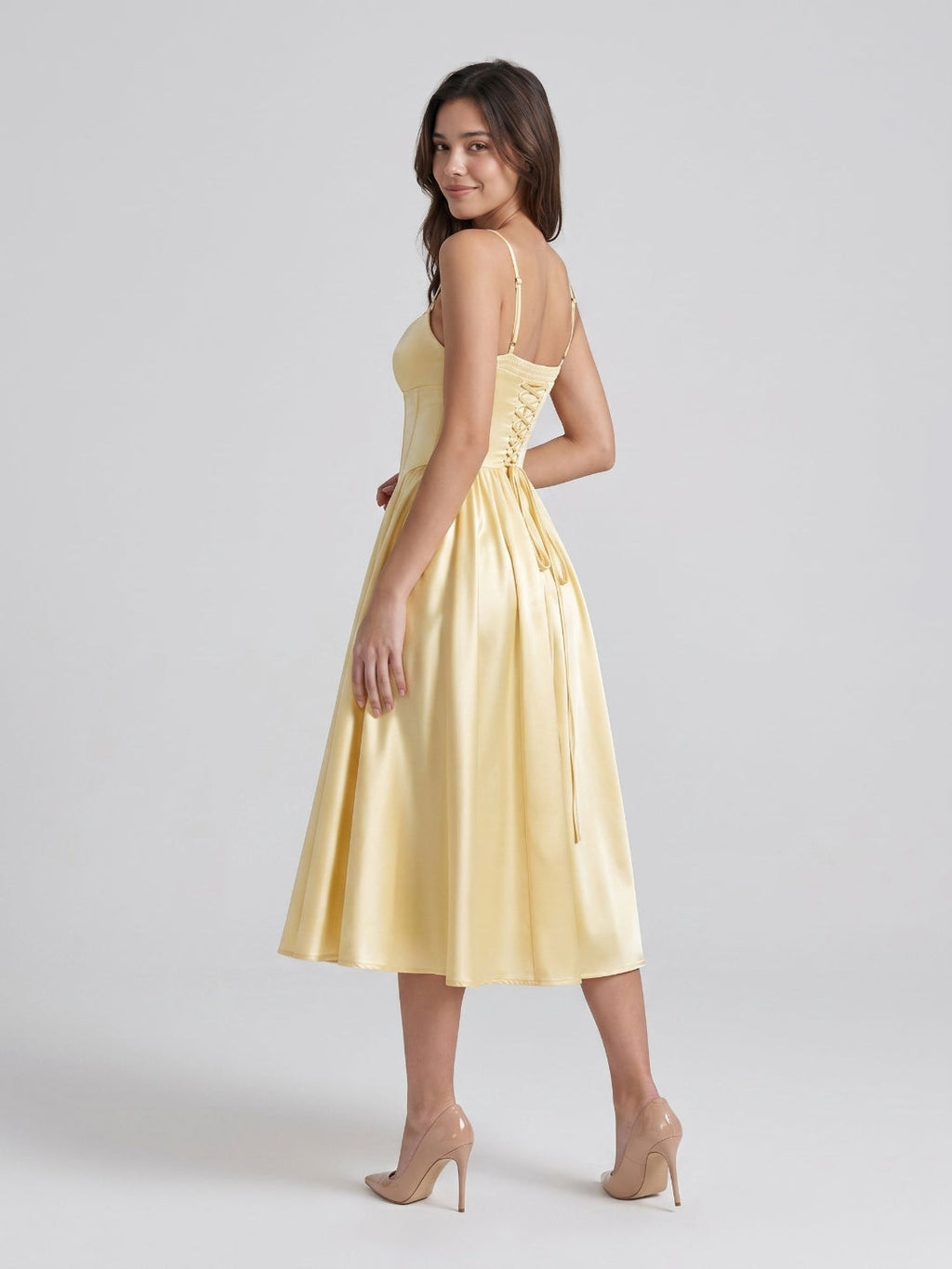 Lemon Chiffon A-Line V-Neck Corset Back Tea-Length Formal Dress with Pleating - Curvevia