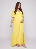 Lemon Chiffon A-Line V-Neck V-Back Ankle-Length Maternity Bridesmaid Dress - Curvevia